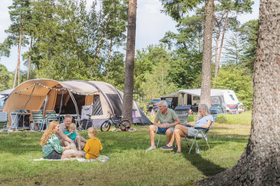 Familie met kinderen en grootouders geniet samen op het gras bij een tent op Camping Torentjeshoek, omgeven door bomen.